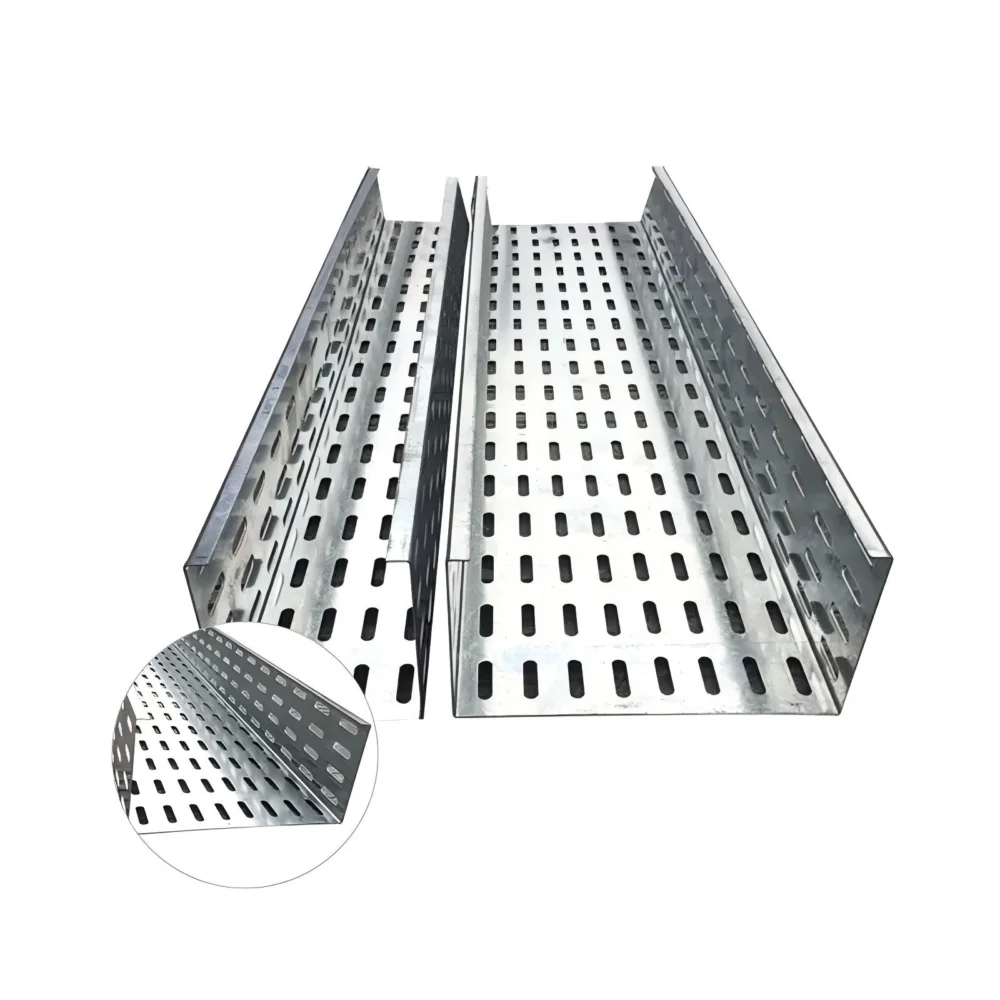Metal cable trays with a perforated base and sides