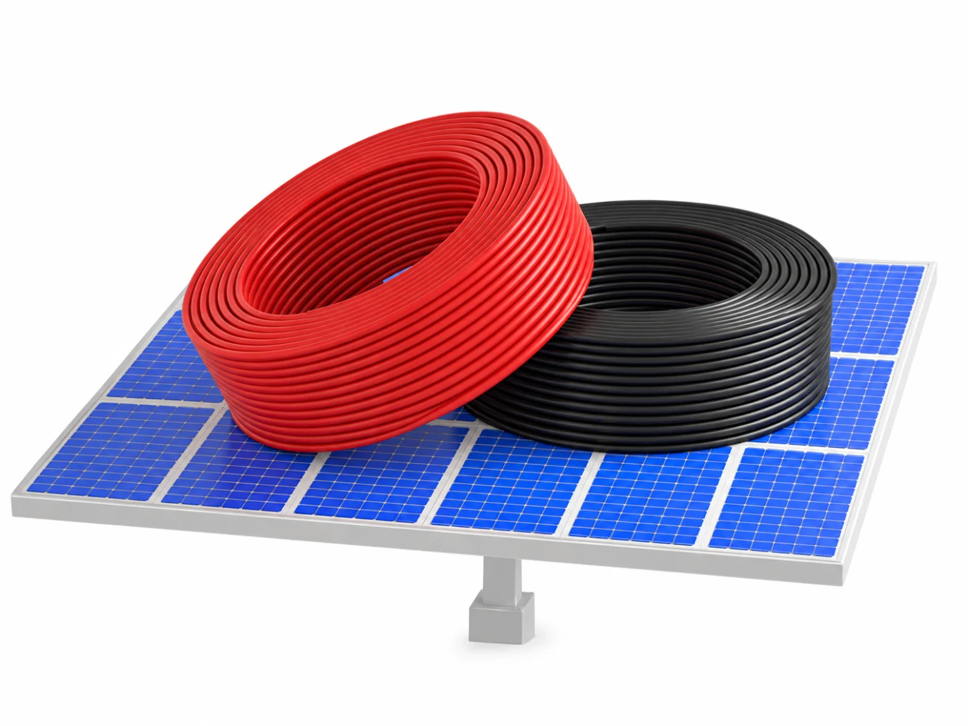 Red and black photovoltaic cable coils displayed on a solar panel